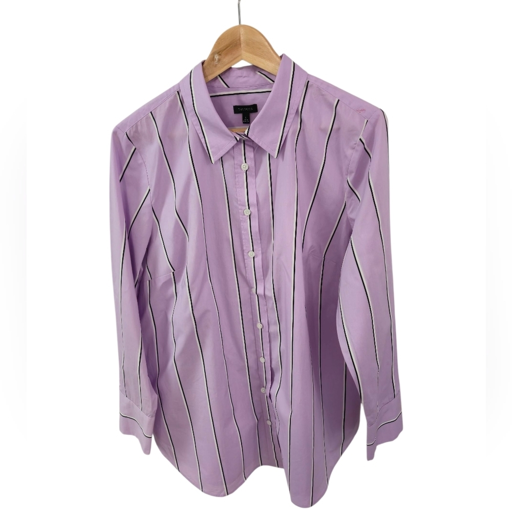 Talbots Boyfriend Long Sleeve Button Shirt Lilac Black White Stripes Size Large
